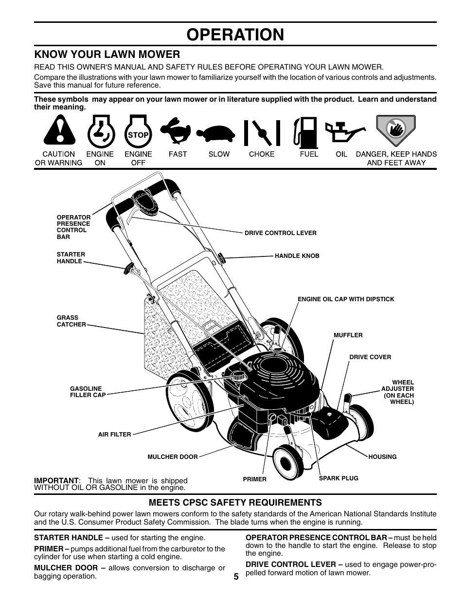 Operation, Know your lawn mower, Meets cpsc safety requirements | Husqvarna 65021CHV User Manual | Page 5 / 20