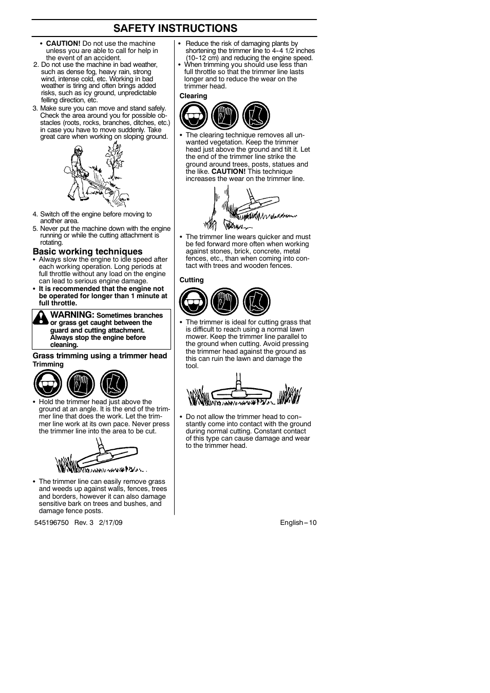 Safety instructions, Basic working techniques, Warning | Husqvarna Trimmer 128 L User Manual | Page 10 / 24