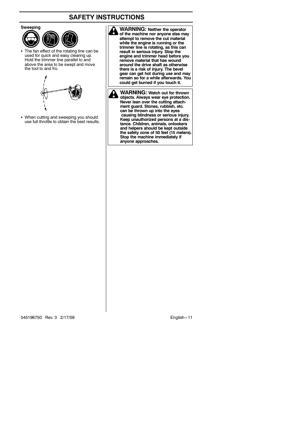 Safety instructions, Warning | Husqvarna Trimmer 128 L User Manual | Page 11 / 24