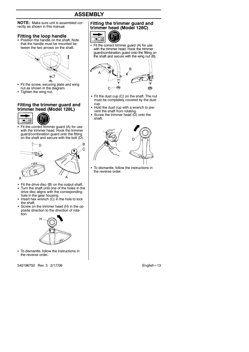 Assembly, Fitting the loop handle | Husqvarna Trimmer 128 L User Manual | Page 13 / 24