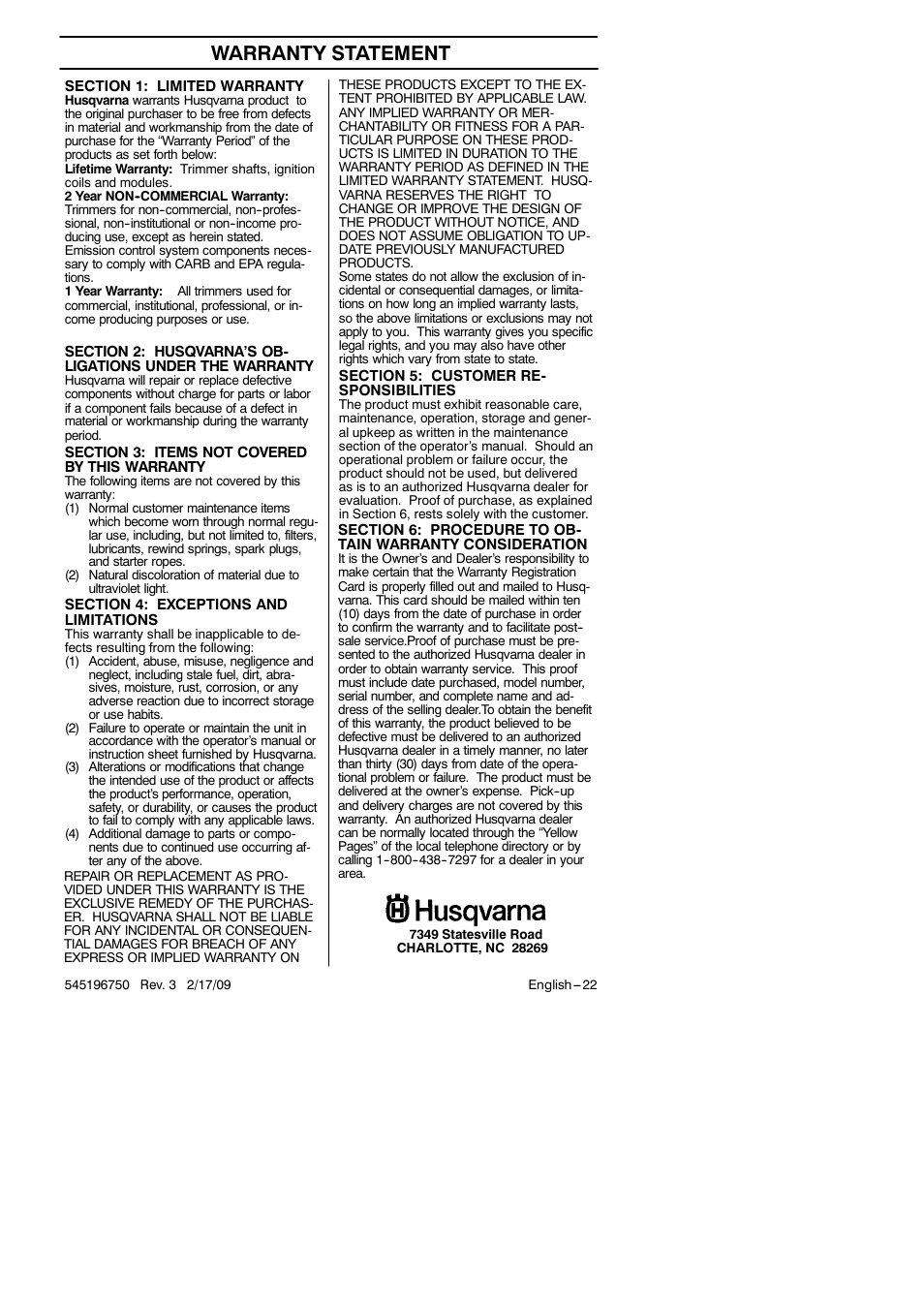 Warranty, Warranty statement | Husqvarna Trimmer 128 L User Manual | Page 22 / 24