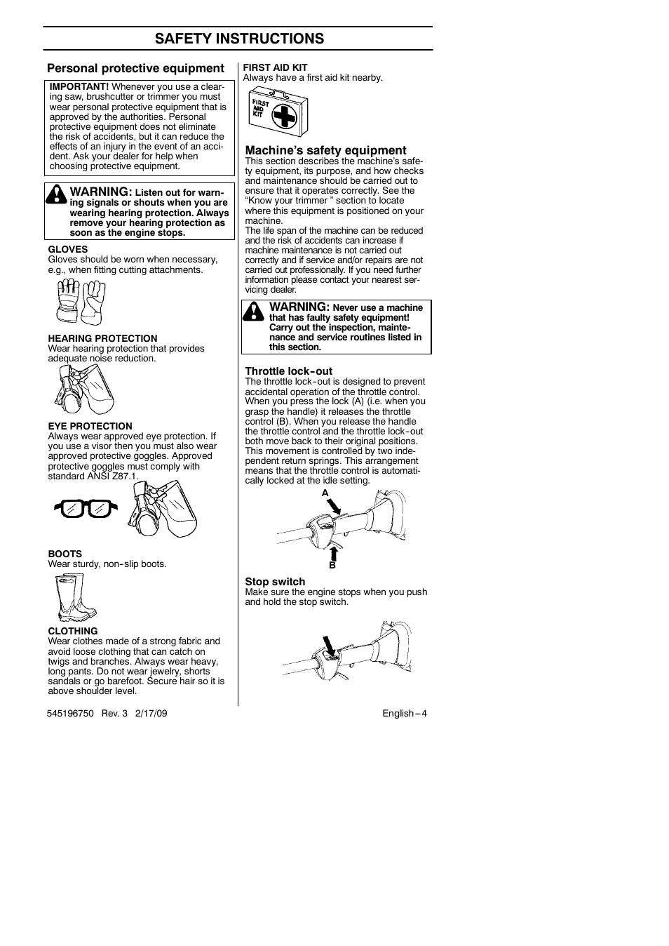 Safety instructions, Personal protective equipment warning, Machine’s safety equipment | Warning | Husqvarna Trimmer 128 L User Manual | Page 4 / 24