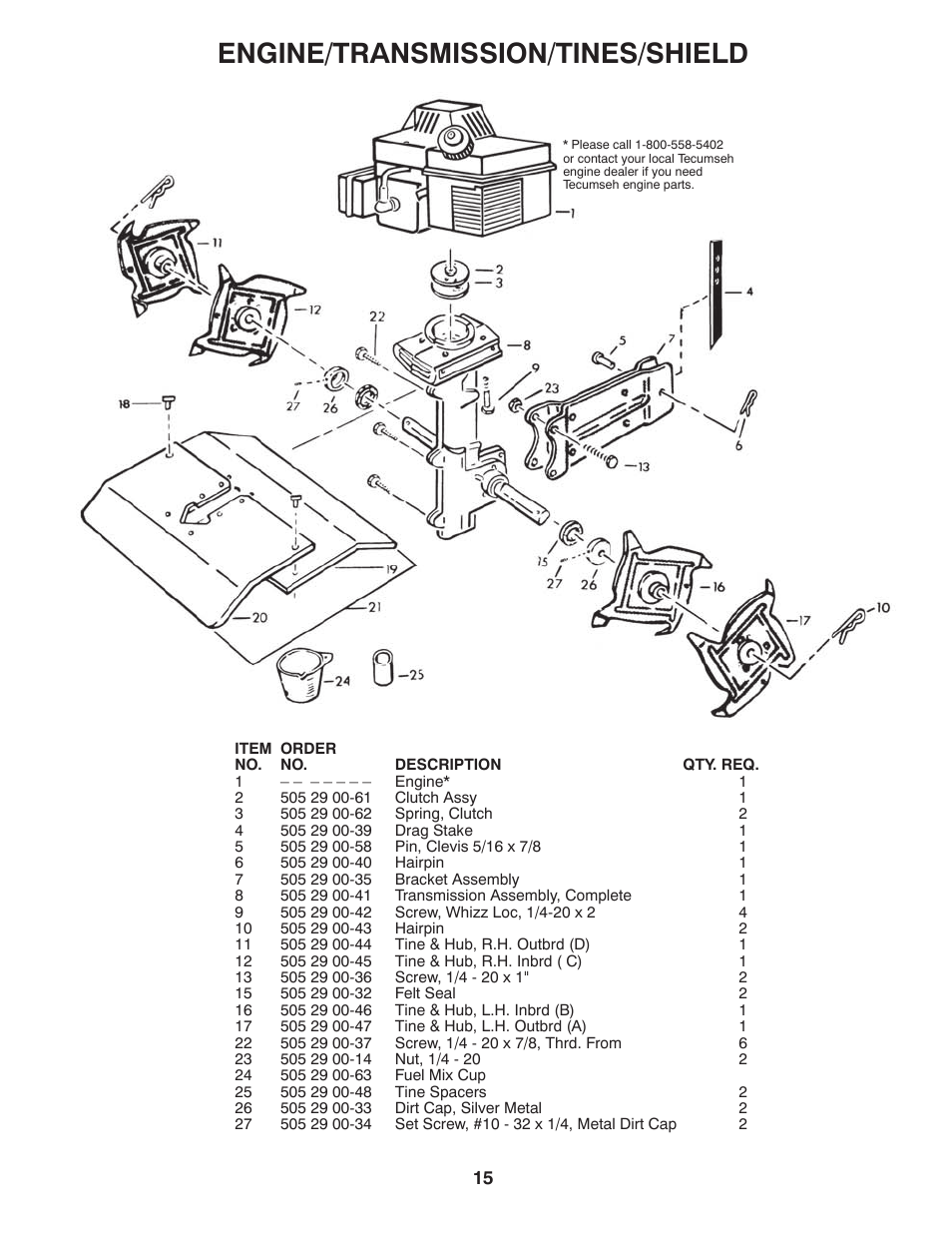 Tines / shield / engine / trans, Engine/transmission/tines/shield | Husqvarna 966957301 User Manual | Page 15 / 20