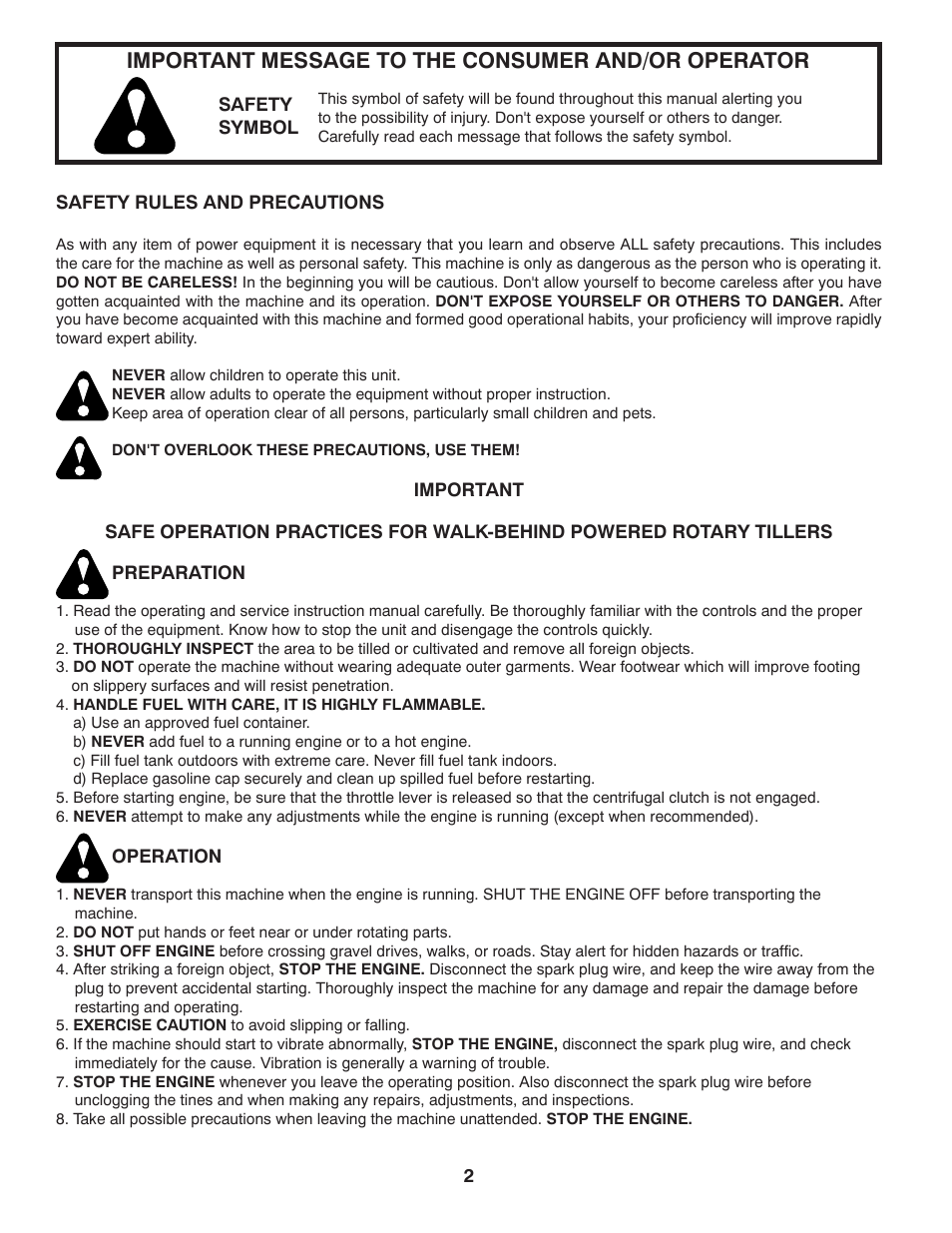 Safety rules & precautions, Important message to the consumer and/or operator | Husqvarna 966957301 User Manual | Page 2 / 20