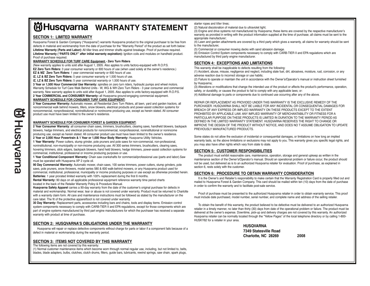 Warranty statement | Husqvarna 966957301 User Manual | Page 20 / 20