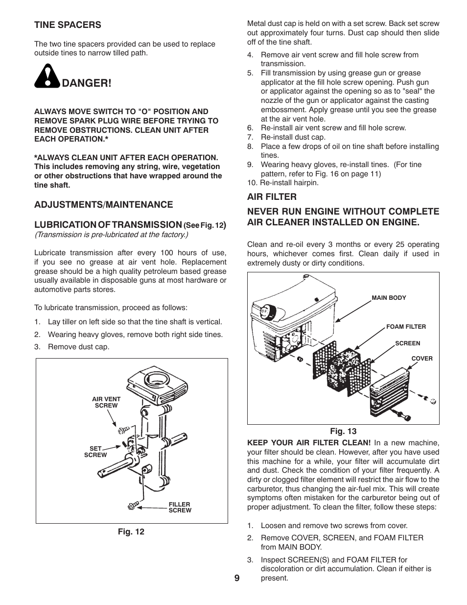Tine spacers, Lubrication of transmission, Danger | Husqvarna 966957301 User Manual | Page 9 / 20