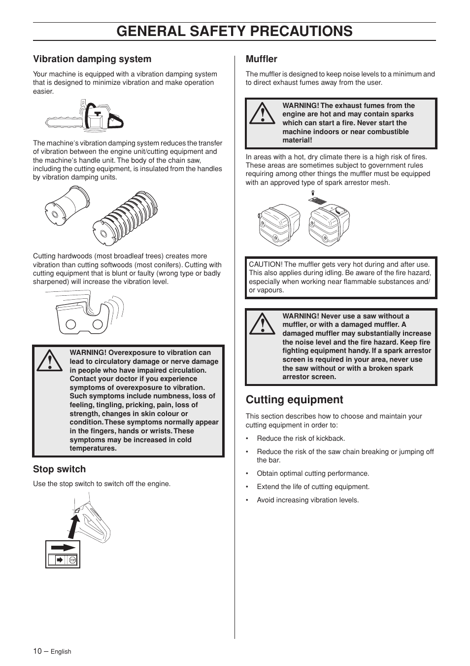 Vibration damping system, Stop switch, Muffler | Cutting equipment, General safety precautions | Husqvarna 385XP User Manual | Page 10 / 44