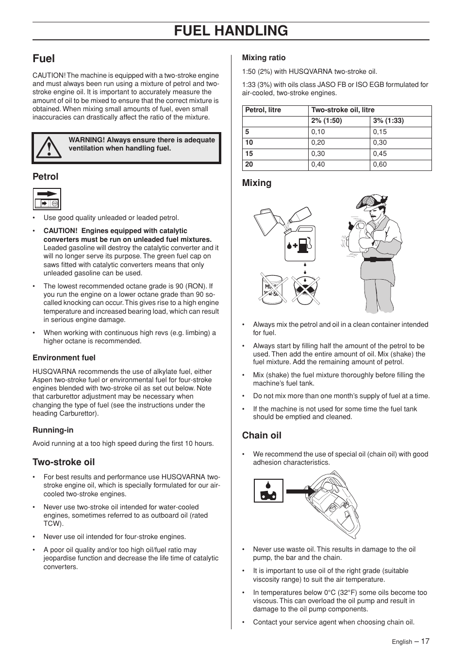 Fuel, Petrol, Two-stroke oil | Mixing, Chain oil, Fuel handling | Husqvarna 385XP User Manual | Page 17 / 44