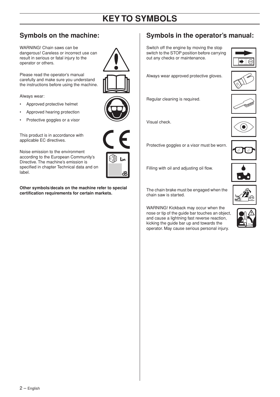 Symbols on the machine, Symbols in the operator’s manual, Key t o symbols | Symbols on the mac hine, Symbols in the operator’ s manual | Husqvarna 385XP User Manual | Page 2 / 44