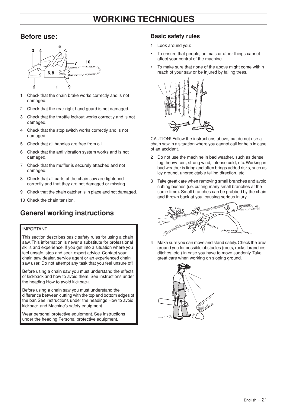Before use, General working instructions, Basic safety rules | Working techniques | Husqvarna 385XP User Manual | Page 21 / 44