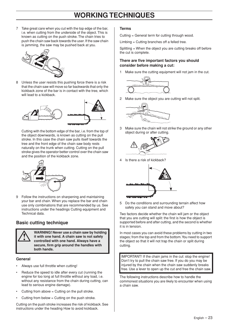 Basic cutting technique, Working techniques | Husqvarna 385XP User Manual | Page 23 / 44