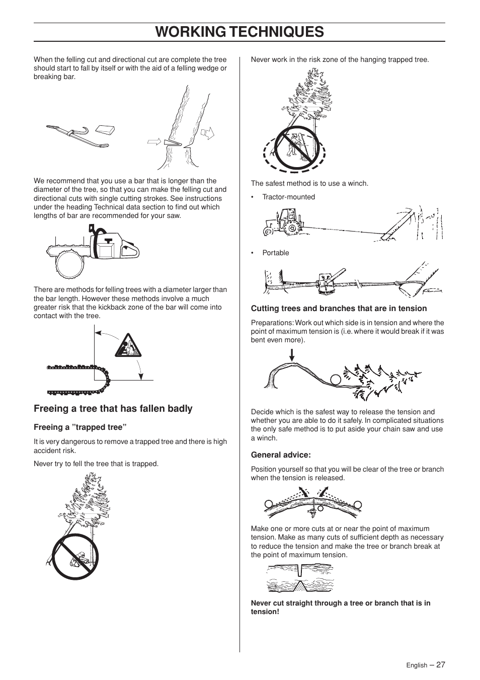 Freeing a tree that has fallen badly, Working techniques | Husqvarna 385XP User Manual | Page 27 / 44