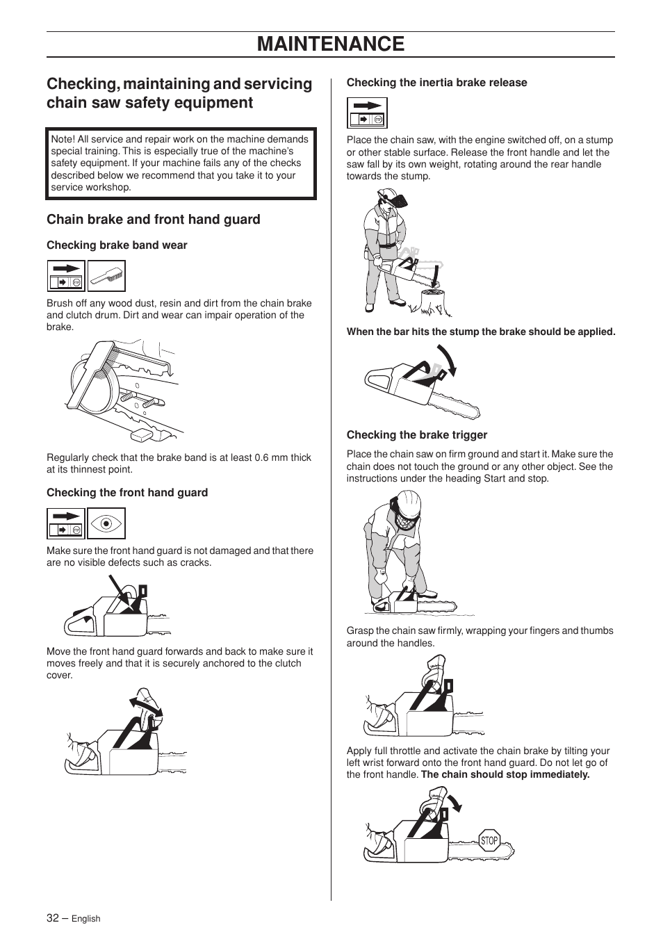 Chain brake and front hand guard, Maintenance | Husqvarna 385XP User Manual | Page 32 / 44