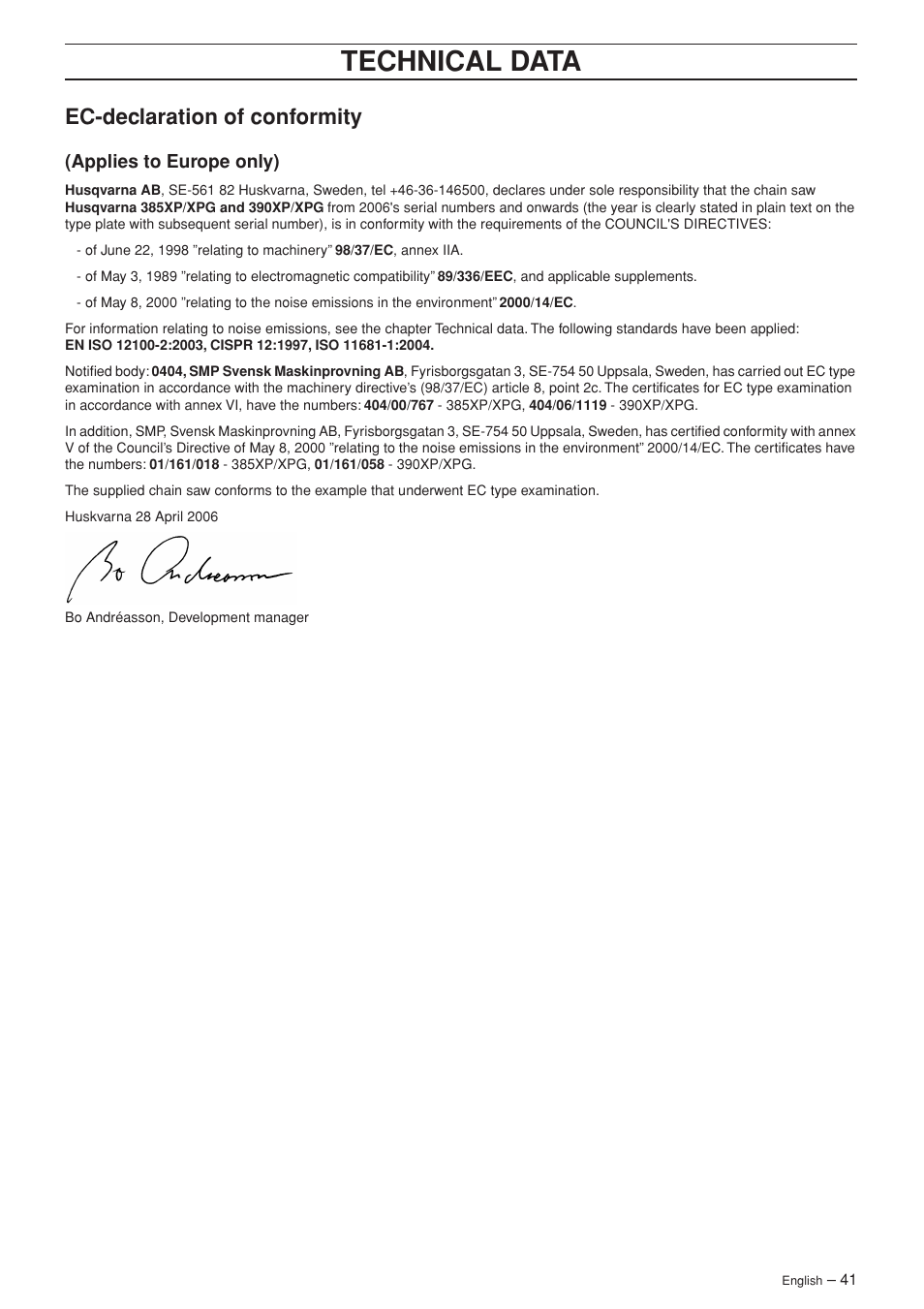Ec-declaration of conformity, Applies to europe only), Technical data | Husqvarna 385XP User Manual | Page 41 / 44