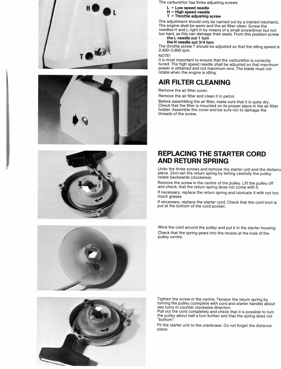 Air filter cleaning, Replacing the starter cord and return spring | Husqvarna 140R User Manual | Page 5 / 6