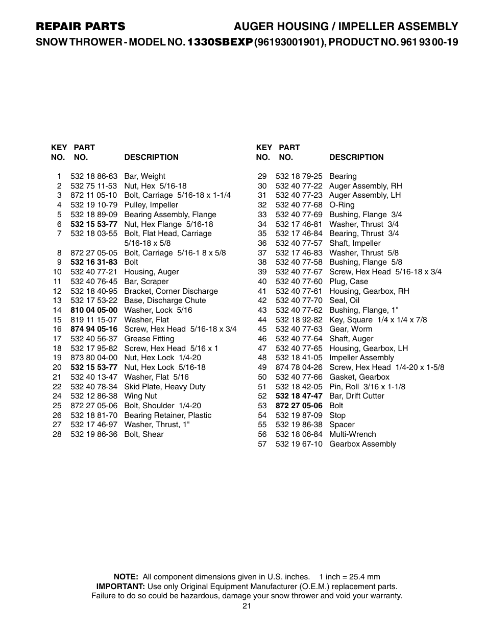 Parts list, Repair parts auger housing / impeller assembly | Husqvarna 1330SBEXP User Manual | Page 21 / 32