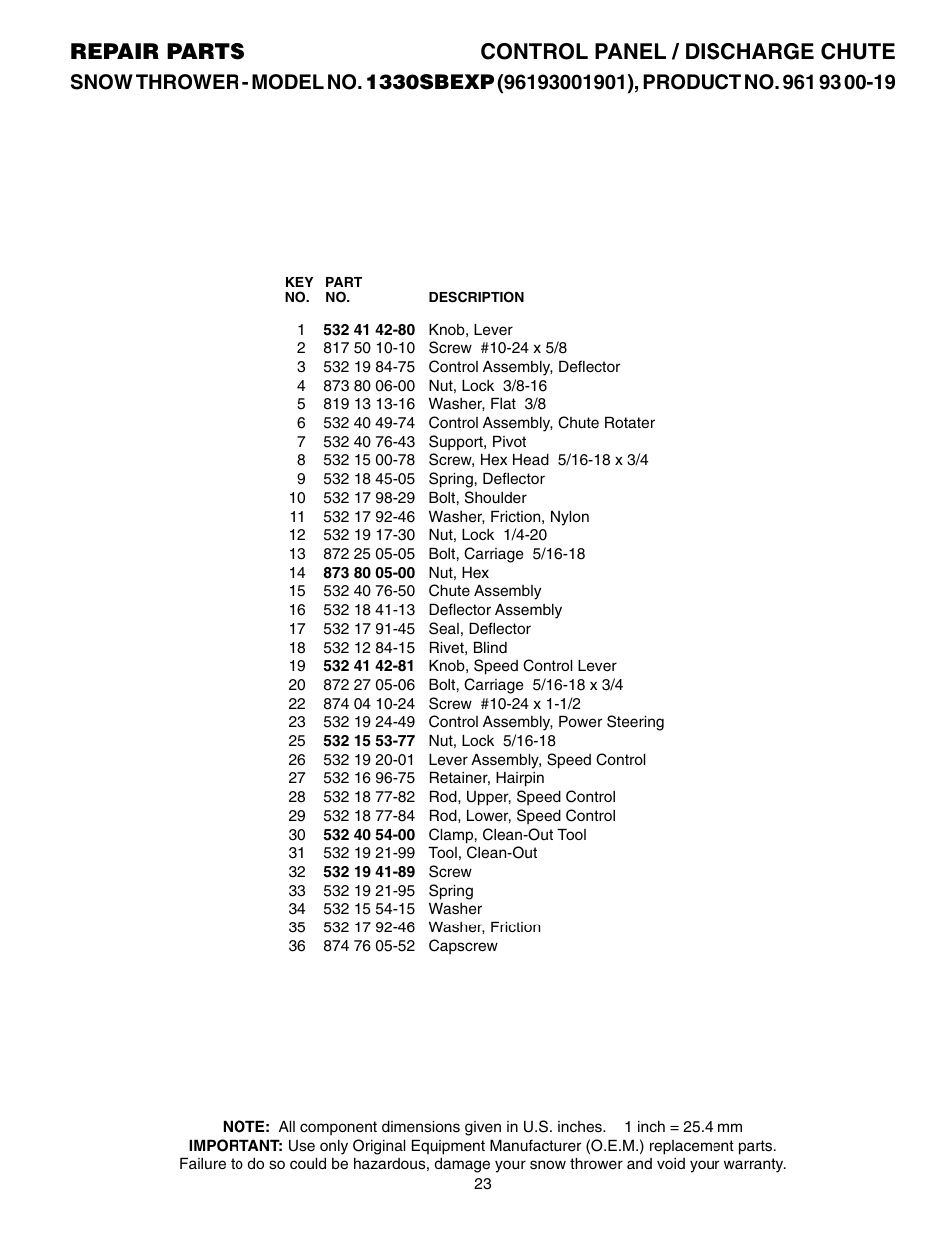 Parts list, Repair parts control panel / discharge chute | Husqvarna 1330SBEXP User Manual | Page 23 / 32