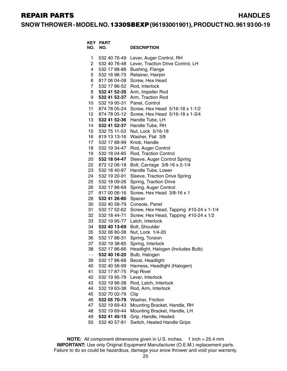 Parts list, Repair parts handles | Husqvarna 1330SBEXP User Manual | Page 25 / 32