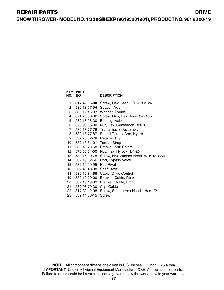 Parts list, Repair parts drive | Husqvarna 1330SBEXP User Manual | Page 27 / 32