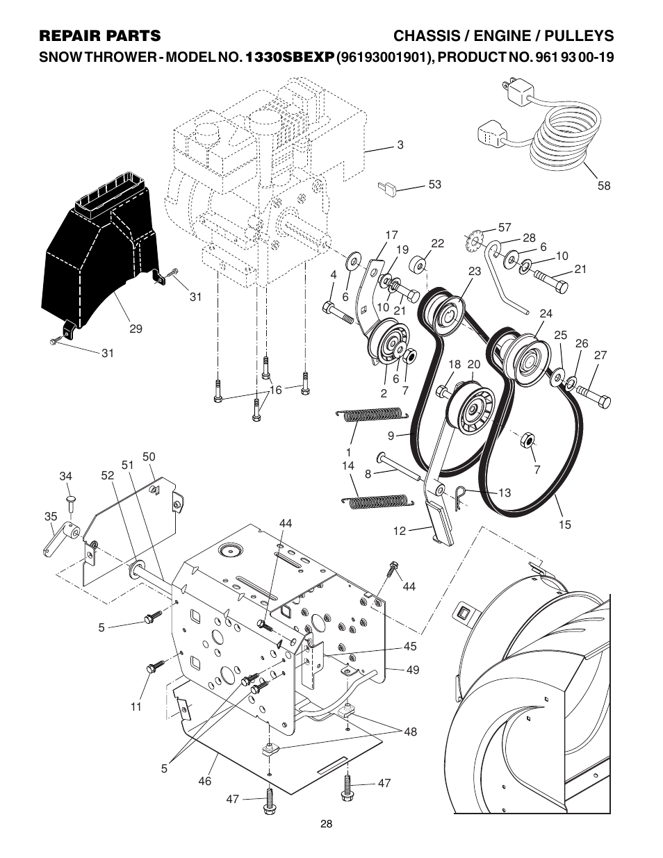Chassis / engine / pulleys, Repair parts chassis / engine / pulleys | Husqvarna 1330SBEXP User Manual | Page 28 / 32