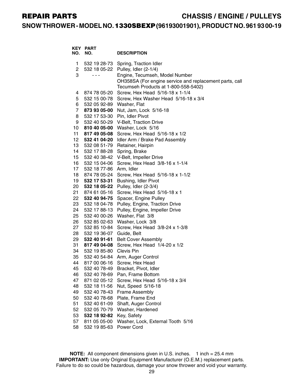 Parts list, Repair parts chassis / engine / pulleys | Husqvarna 1330SBEXP User Manual | Page 29 / 32