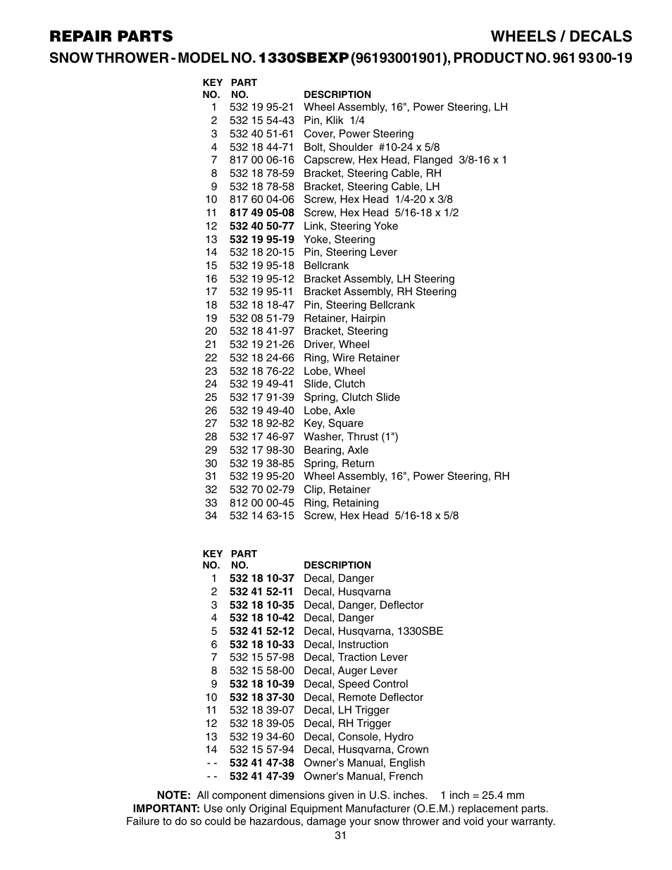Parts list, Repair parts wheels / decals | Husqvarna 1330SBEXP User Manual | Page 31 / 32