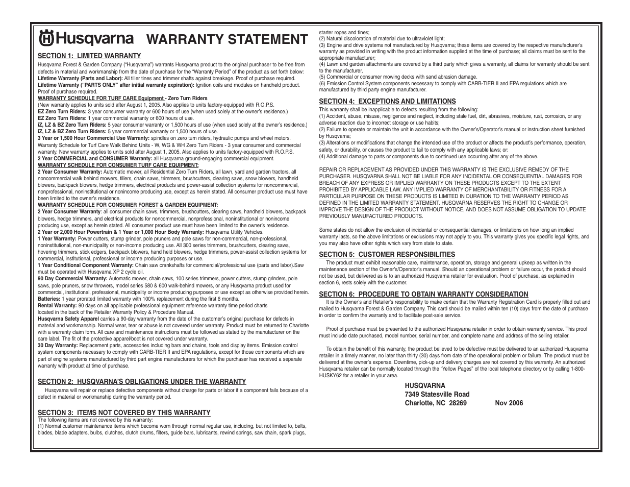 Warranty statement | Husqvarna 1330SBEXP User Manual | Page 32 / 32