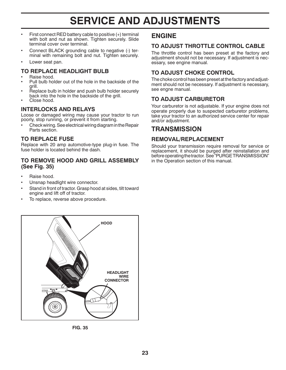Service and adjustments, Transmission, Engine | Husqvarna 96045002600 User Manual | Page 23 / 44