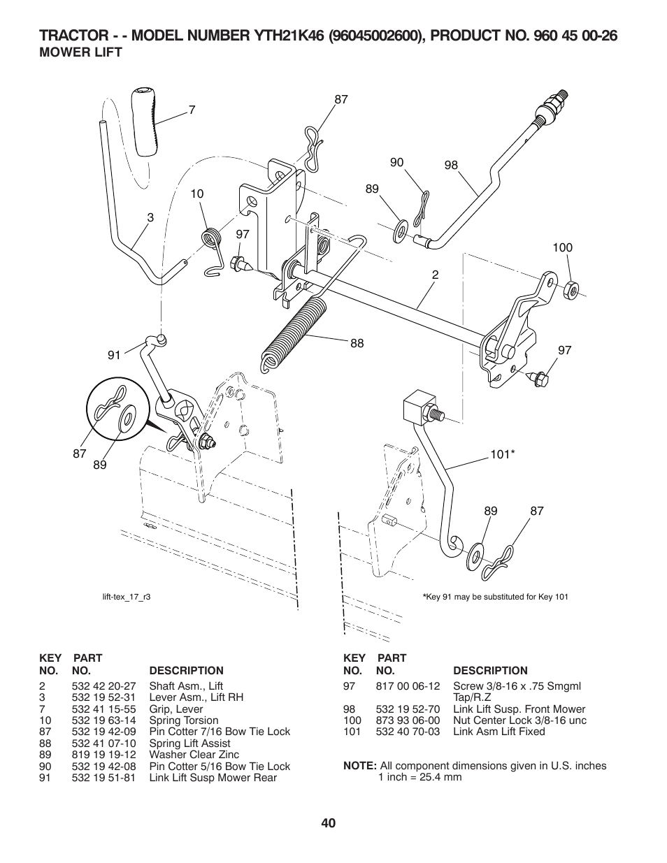 Mower lift | Husqvarna 96045002600 User Manual | Page 40 / 44