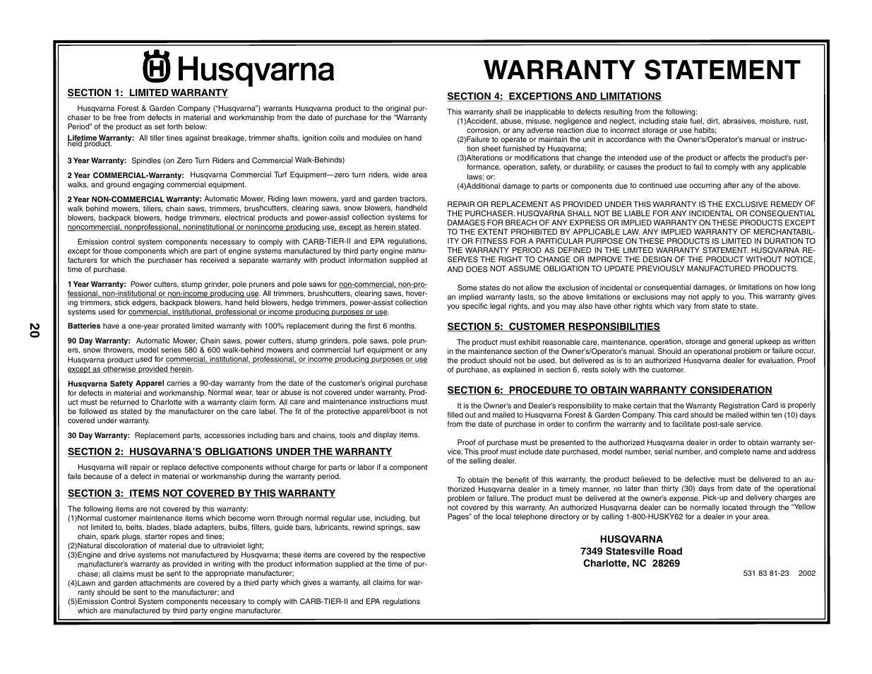 Warranty statement | Husqvarna 5521CHV User Manual | Page 20 / 20