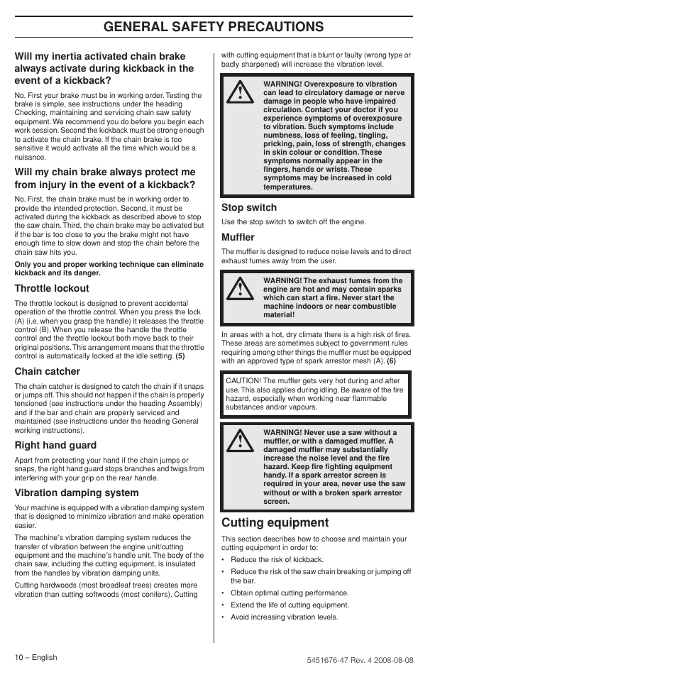 Cutting equipment, General safety precautions | Husqvarna 240e User Manual | Page 10 / 464