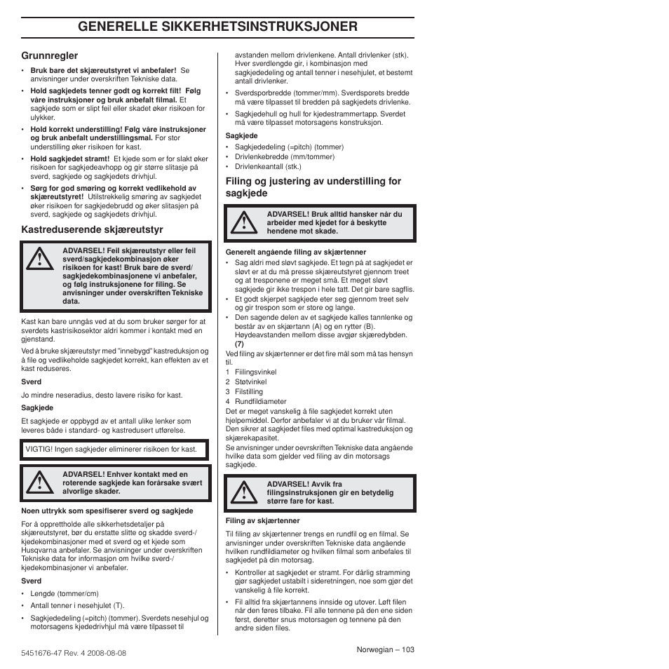 Generelle sikkerhetsinstruksjoner | Husqvarna 240e User Manual | Page 103 / 464