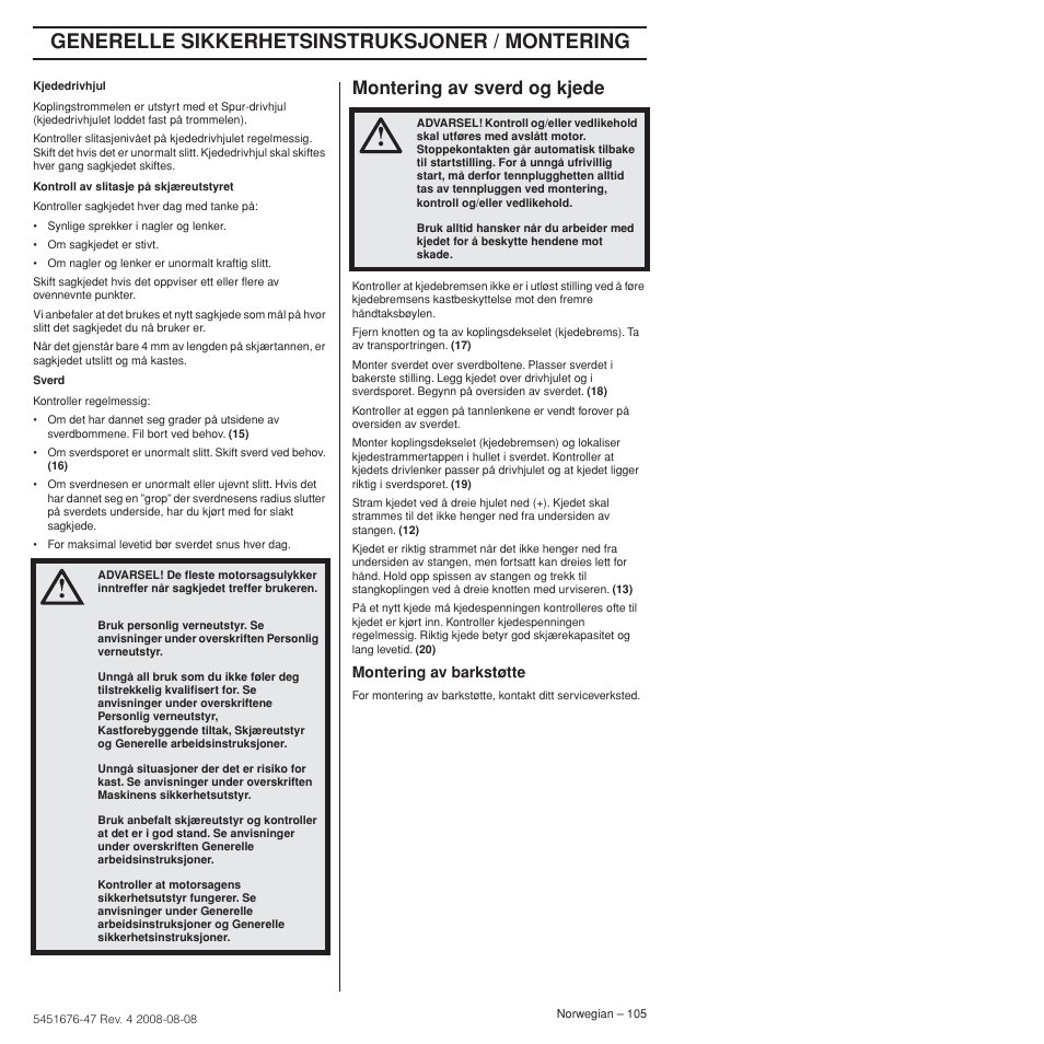 Montering av sverd og kjede, Generelle sikkerhetsinstruksjoner / montering | Husqvarna 240e User Manual | Page 105 / 464