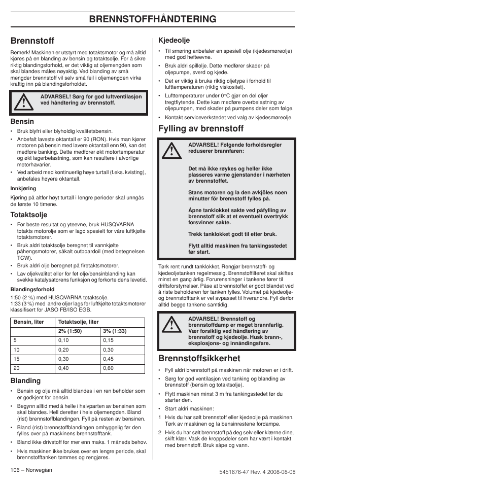 Brennstoff, Fylling av brennstoff, Brennstoffsikkerhet | Brennstoffhåndtering | Husqvarna 240e User Manual | Page 106 / 464