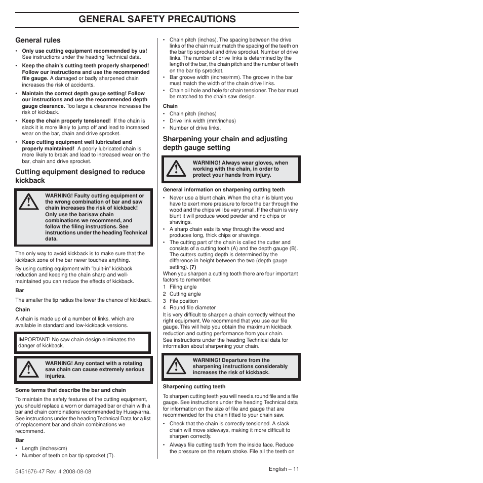 General safety precautions | Husqvarna 240e User Manual | Page 11 / 464
