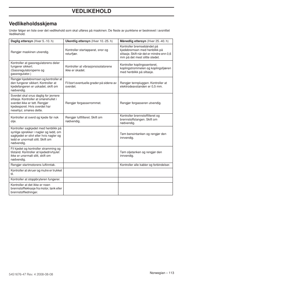 Vedlikeholdsskjema, Vedlikehold | Husqvarna 240e User Manual | Page 113 / 464