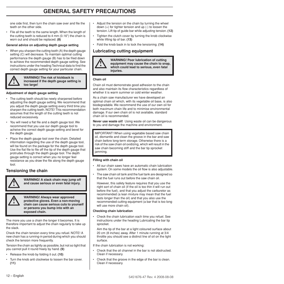 General safety precautions | Husqvarna 240e User Manual | Page 12 / 464