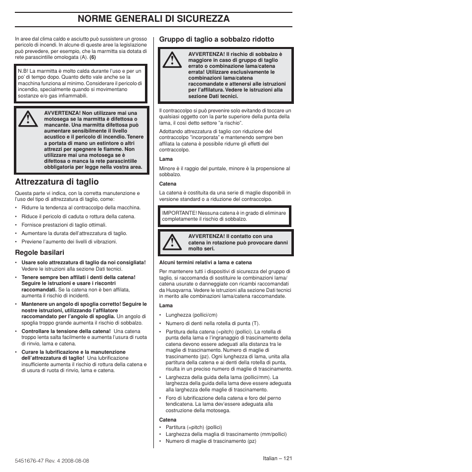 Attrezzatura di taglio, Norme generali di sicurezza | Husqvarna 240e User Manual | Page 121 / 464