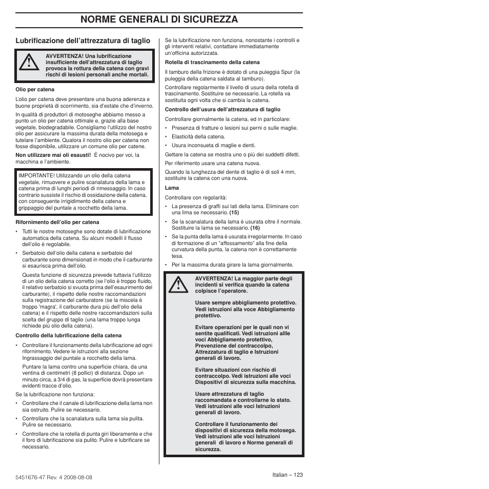 Norme generali di sicurezza | Husqvarna 240e User Manual | Page 123 / 464
