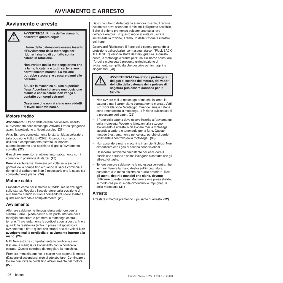 Avviamento e arresto | Husqvarna 240e User Manual | Page 126 / 464