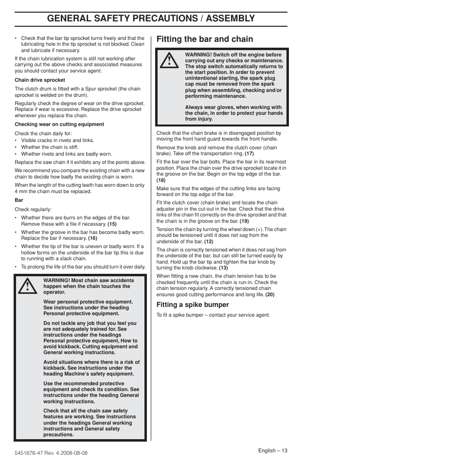 Fitting the bar and chain, General safety precautions / assembly | Husqvarna 240e User Manual | Page 13 / 464