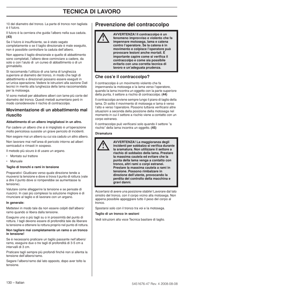 Prevenzione del contraccolpo, Tecnica di lavoro | Husqvarna 240e User Manual | Page 130 / 464