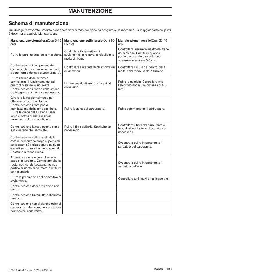 Schema di manutenzione, Manutenzione | Husqvarna 240e User Manual | Page 133 / 464