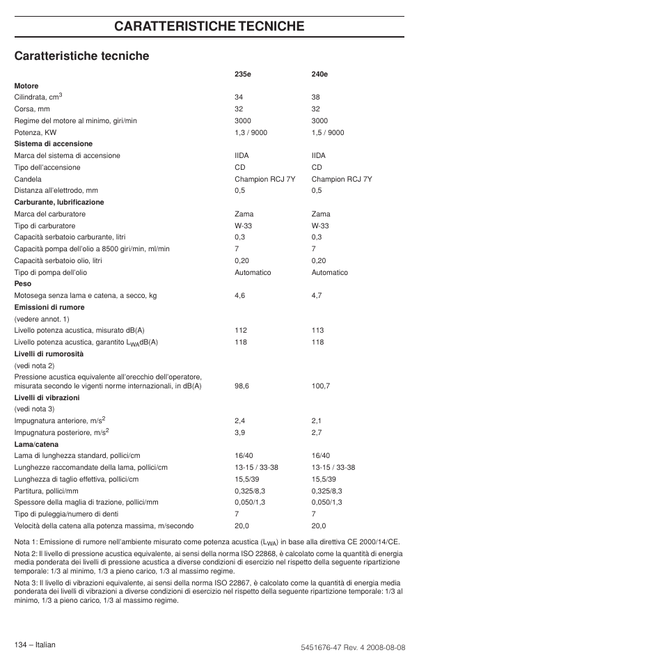 Caratteristiche tecniche | Husqvarna 240e User Manual | Page 134 / 464