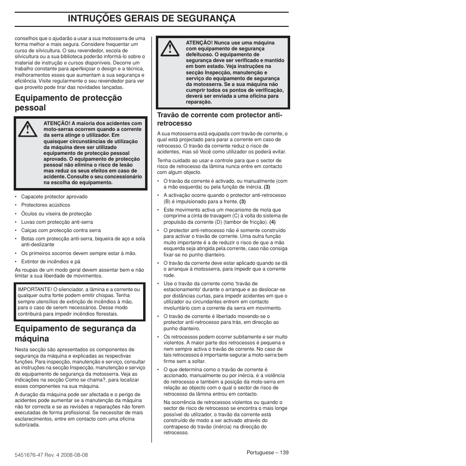 Equipamento de protecção pessoal, Equipamento de segurança da máquina, Intruções gerais de segurança | Husqvarna 240e User Manual | Page 139 / 464