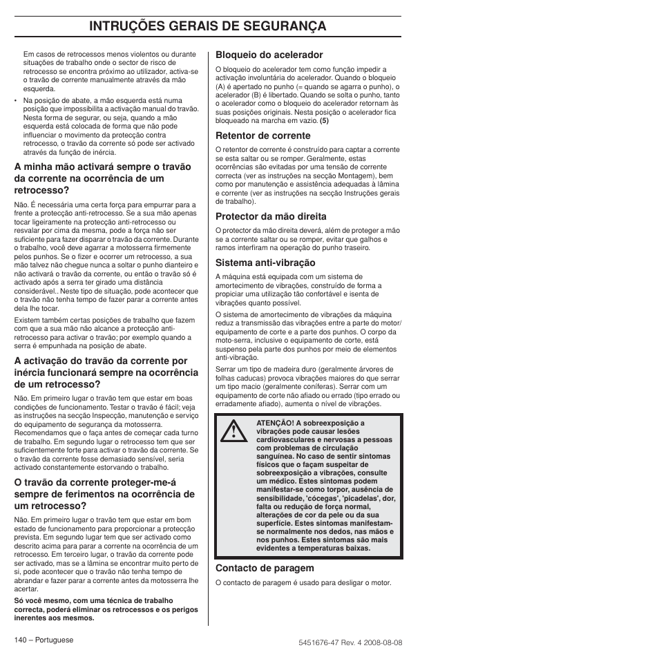 Intruções gerais de segurança | Husqvarna 240e User Manual | Page 140 / 464