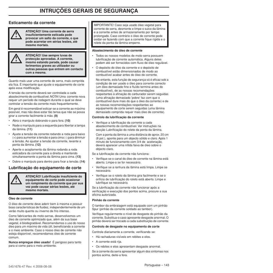 Intruções gerais de segurança | Husqvarna 240e User Manual | Page 143 / 464