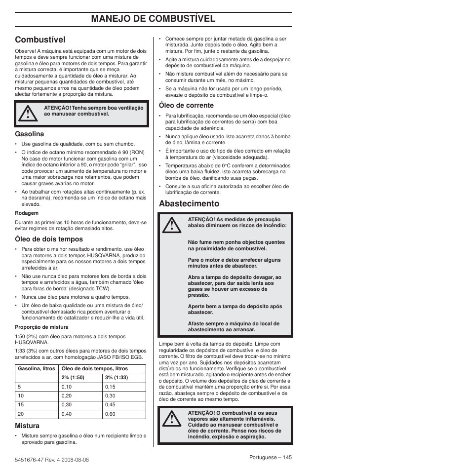 Combustível, Abastecimento, Manejo de combustível | Husqvarna 240e User Manual | Page 145 / 464