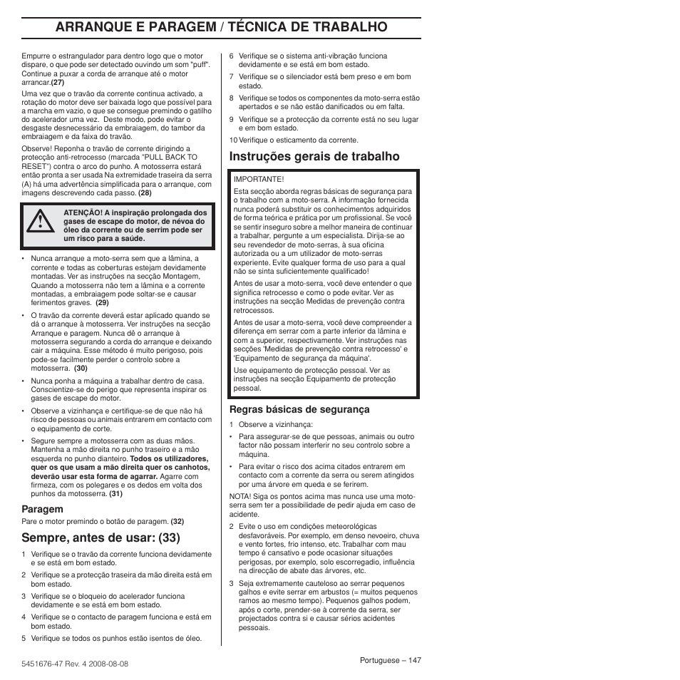 Sempre, antes de usar: (33), Instruções gerais de trabalho, Arranque e paragem / técnica de trabalho | Husqvarna 240e User Manual | Page 147 / 464