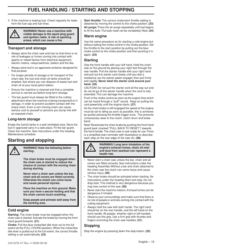 Starting and stopping, Fuel handling / starting and stopping | Husqvarna 240e User Manual | Page 15 / 464